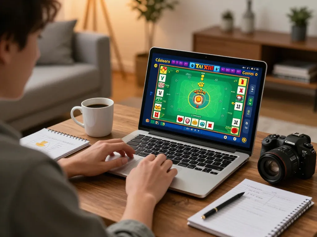 Tài Xỉu gameplay on taixiuonline8 displayed on a laptop during a cozy home gaming session.