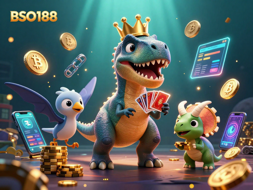 Engage with BSO188 as a cartoon T-Rex shuffles cards while a triceratops stacks chips in a vibrant casino scene.