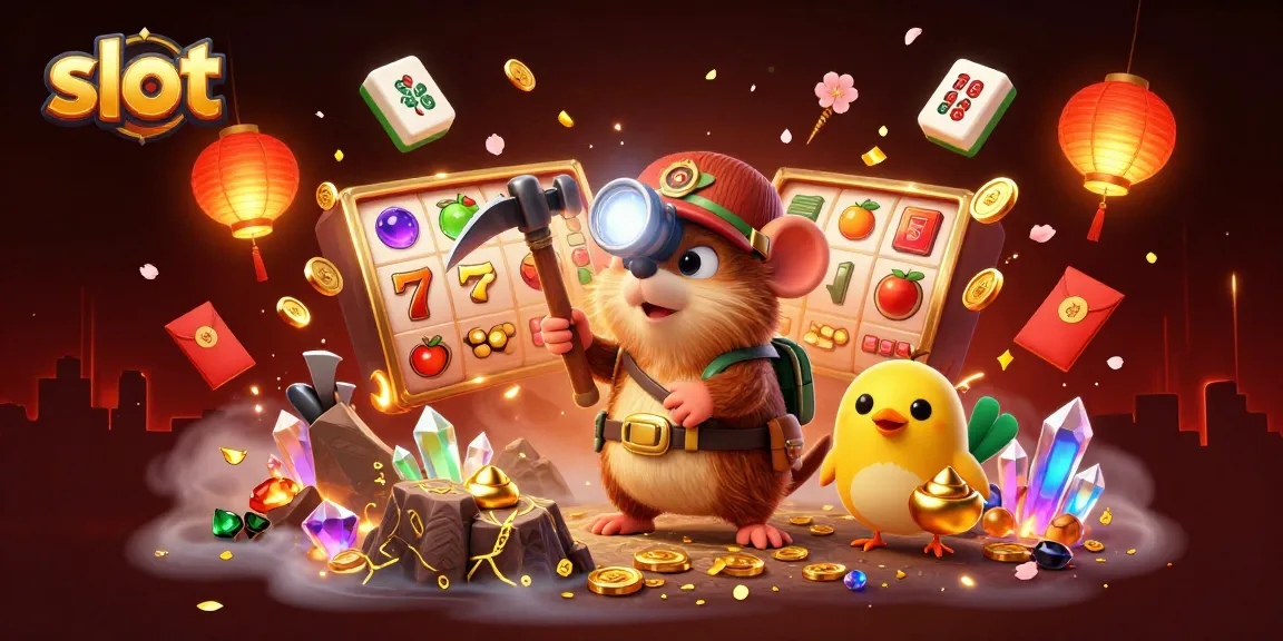 Play engaging slot games with a treasure hunter mole amidst sparkling gems and vibrant symbols.