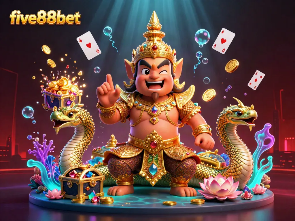 Win big with five88bet in this vibrant casino-themed illustration featuring gold coins and glowing gems.