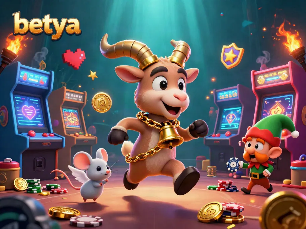 Experience thrilling action at betya's festive casino with characters in a vibrant gaming scene!