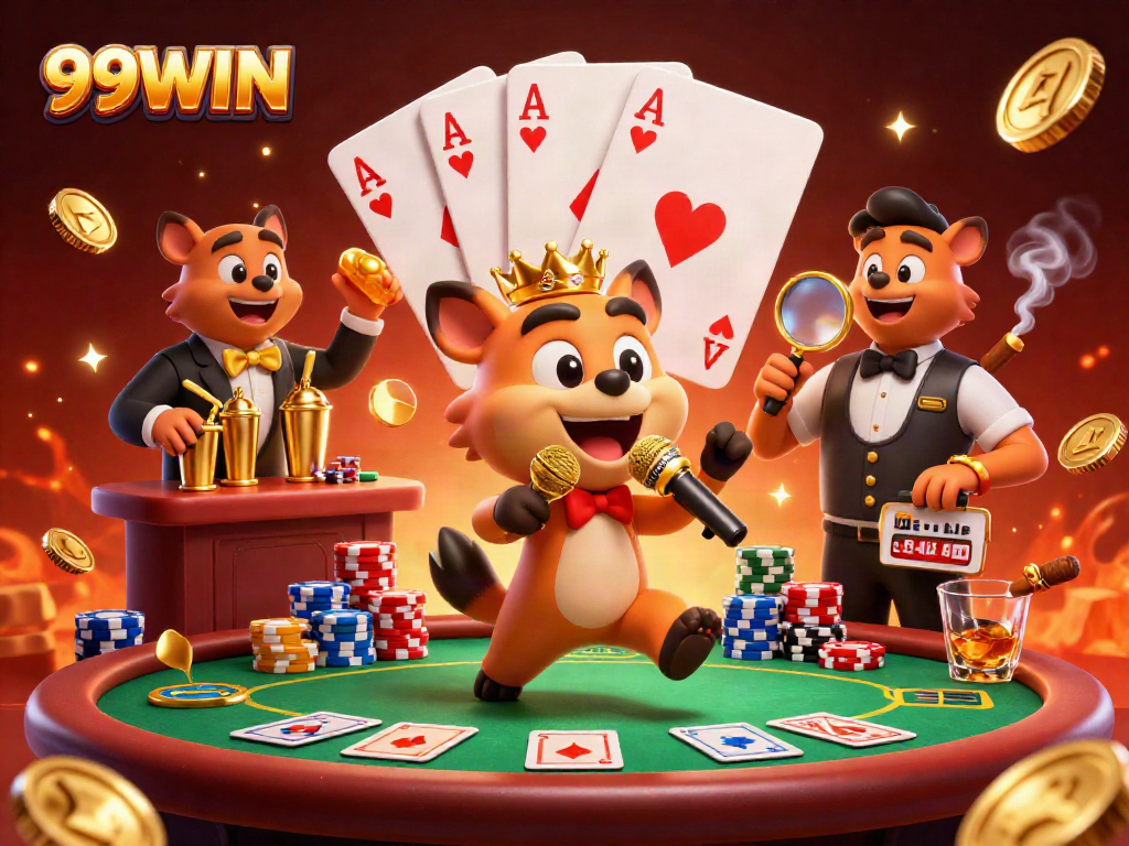 Experience the vibrant energy of 99WIN with hyena characters in a dynamic casino scene.
