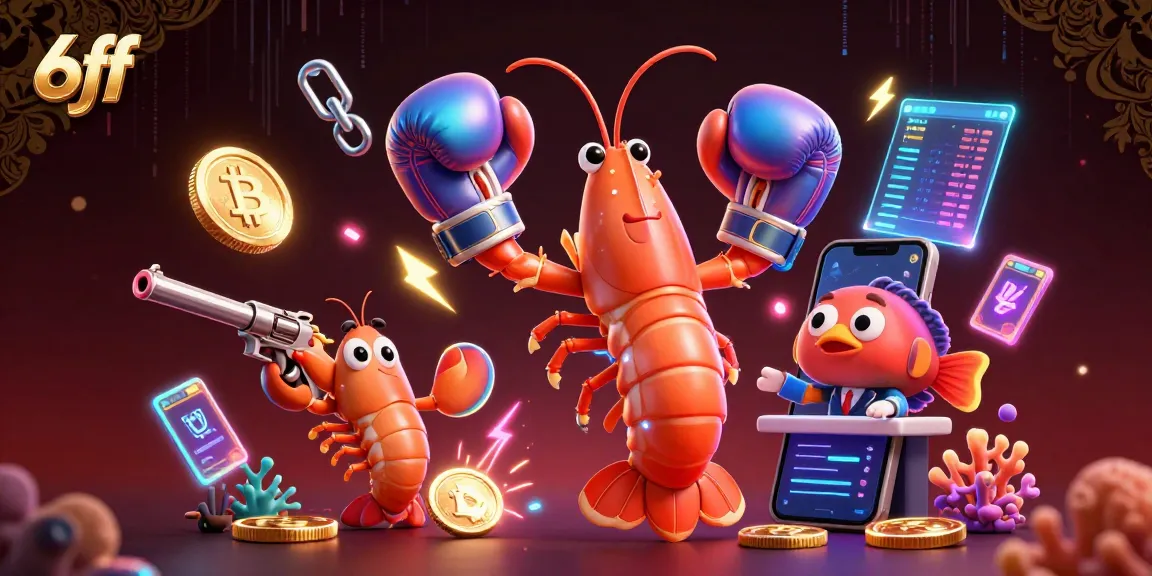 Engage in exciting gameplay with 6ff as the vibrant mantis shrimp battles alongside a pistol shrimp, amidst glowing crypto symbols.