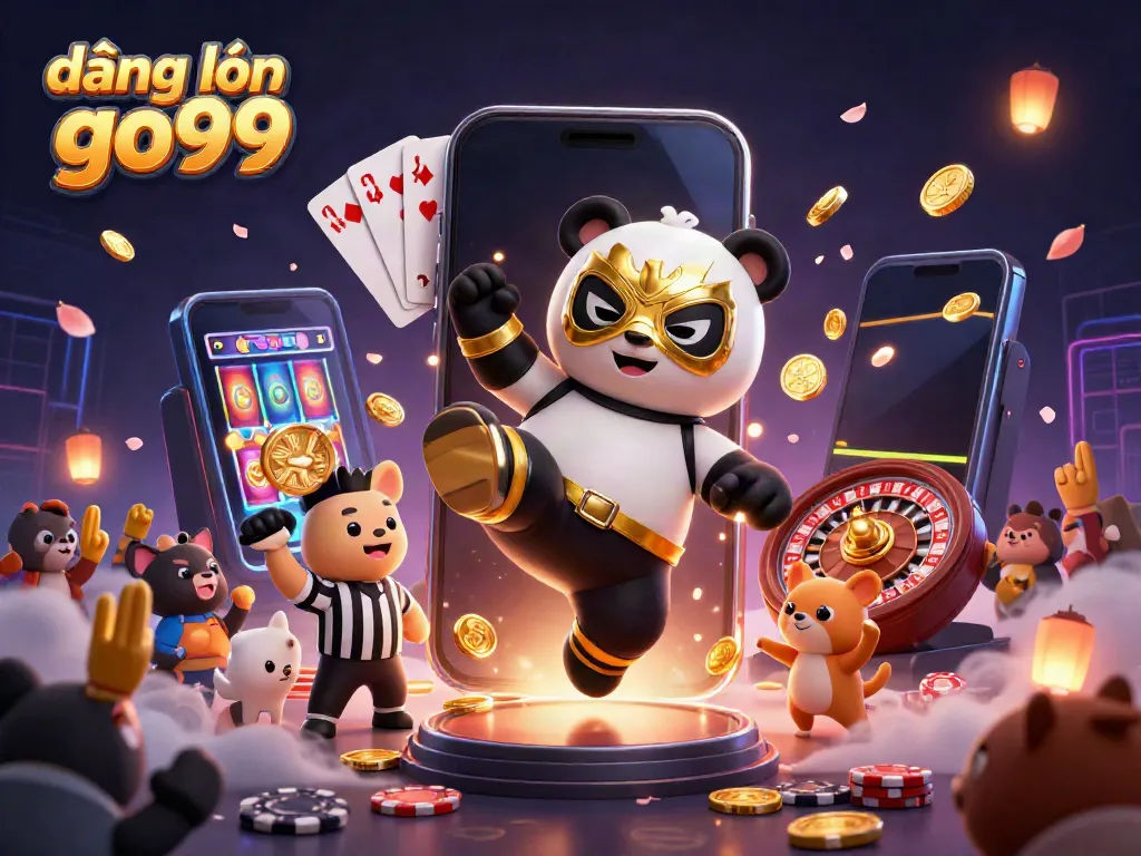 Engage in electrifying action with đăng nhập go99 as a panda wrestler takes flight amid a lively casino scene overflowing with games and spectators.