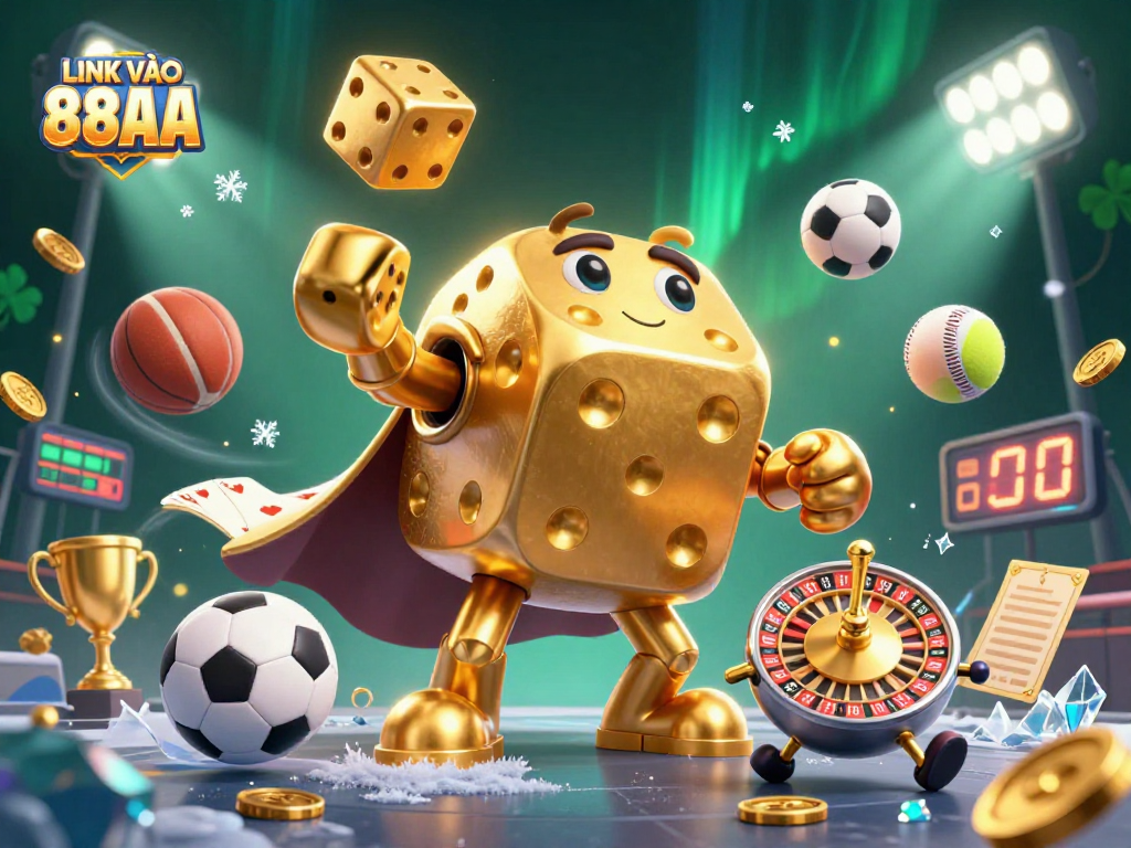Experience the thrill of gaming with LINK VÀO 88AA, featuring golden dice and dynamic sports elements.