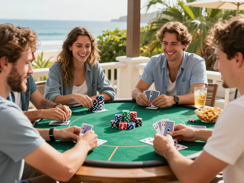 Engaged friends play poker at a sunny patio table, showcasing strategic gameplay and fun at LC88.