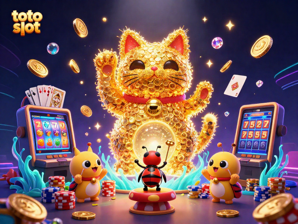 Engage with the thrilling toto slot experience amidst cascading coins and lucky symbols in vibrant casino art.