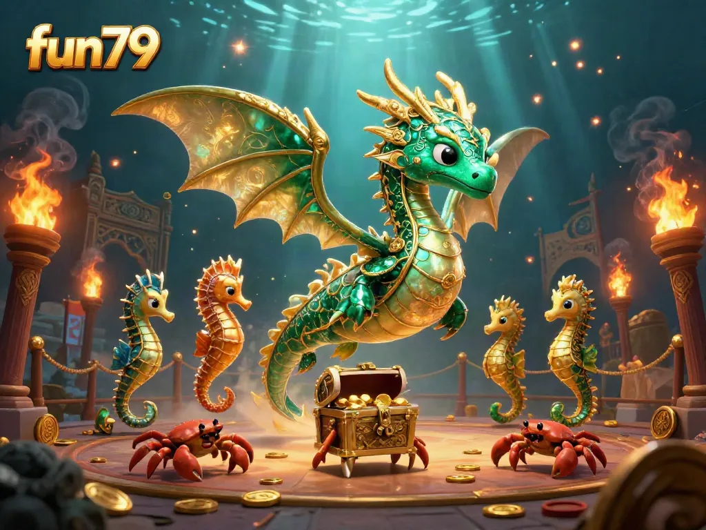 Engage with fun79's thrilling underwater casino world featuring a magical sea dragon and treasures.