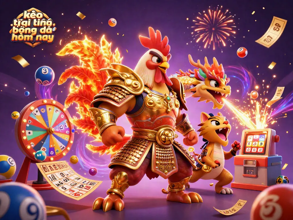 Kèo trực tuyến bóng đá hôm nay: Chiến binh gà trống trong áo giáp samurai kết hợp với rồng hùng mạnh và mèo may mắn giữa lễ hội cá cược.