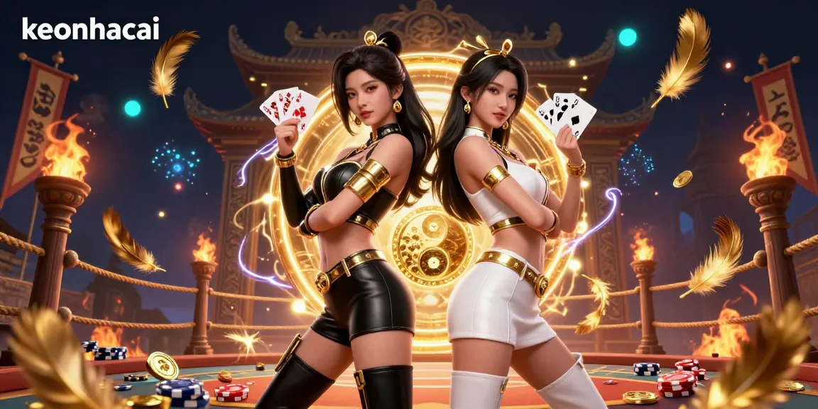 Engage with keonhacai through dynamic 3D portrayal of twin Asian women in a thrilling casino scene.