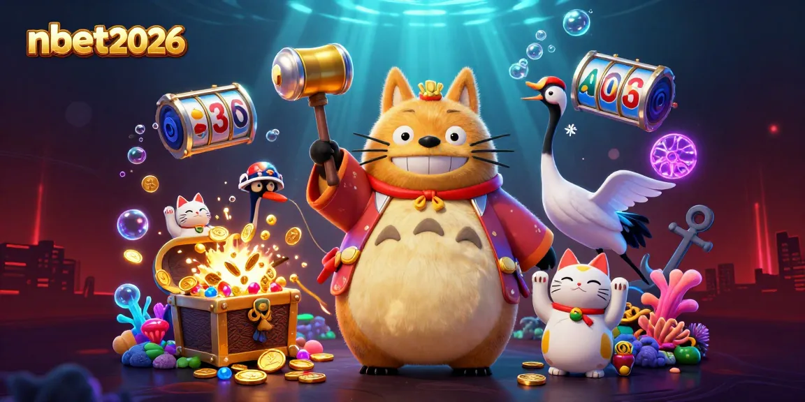 Activate nbet2026's excitement with a cheerful tanuki and lucky symbols in a vibrant casino scene.
