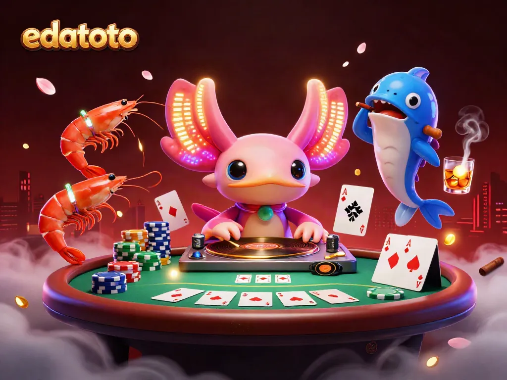 Experience dynamic gaming with edatoto's neon-themed party featuring an axolotl DJ and poker elements.