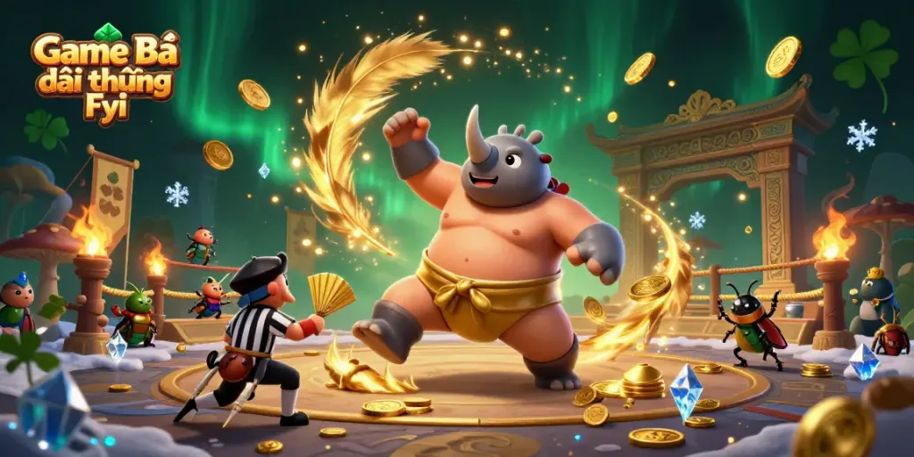 Game Bài Đổi Thưởng Fyi showcases a dynamic scene with beetles celebrating wins in a vibrant casino environment.