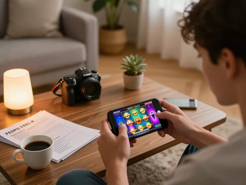 Nổ Hũ player engaging in immersive gameplay on mobile in a cozy living room environment.
