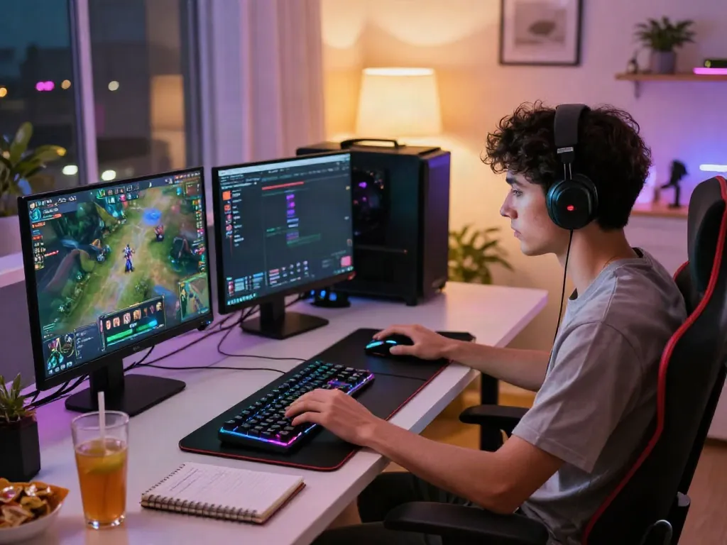 Engaged gamer at home office setup for online esports at https://ku88vt.com/ with multiple screens and gaming gear.