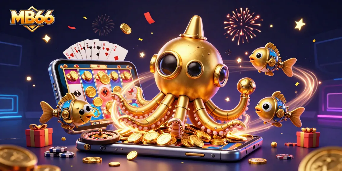 Experience thrilling gameplay with MB66 featuring a golden kraken submarine amidst vibrant slot game elements and dynamic casino items.