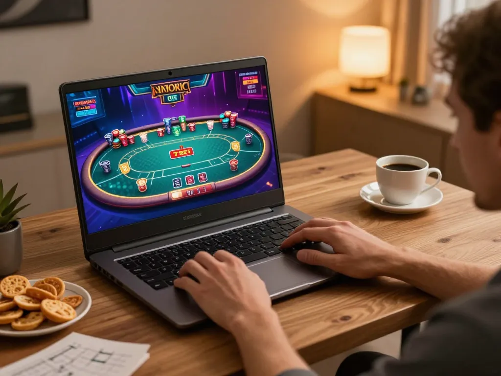 TG88 player strategizing bets on online casino with laptop at cozy home setup