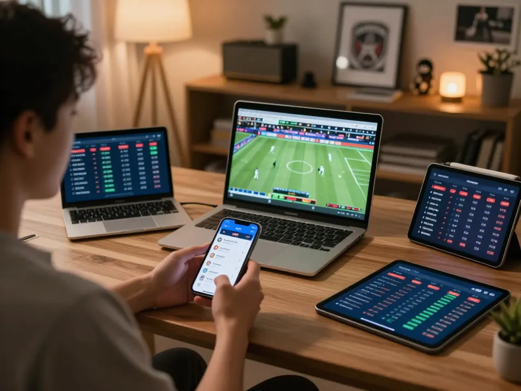 KQBD user analyzing live sports scores and betting strategies on multiple devices