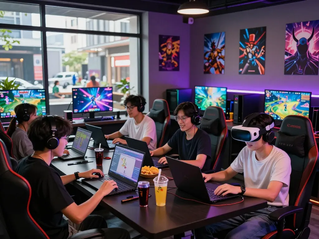 Friends enjoying an exciting gaming session at www.mantra88.com gaming lounge with vibrant graphics.