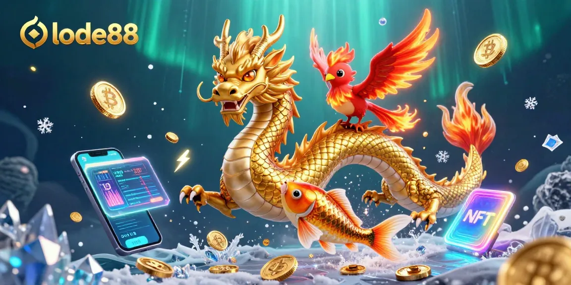 Spin to win with lode88 as a golden dragon, red phoenix, and koi fish dance among coins.