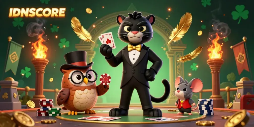 IDNSCORE card dealing event featuring a panther, owl, and mouse in a vibrant casino scene.