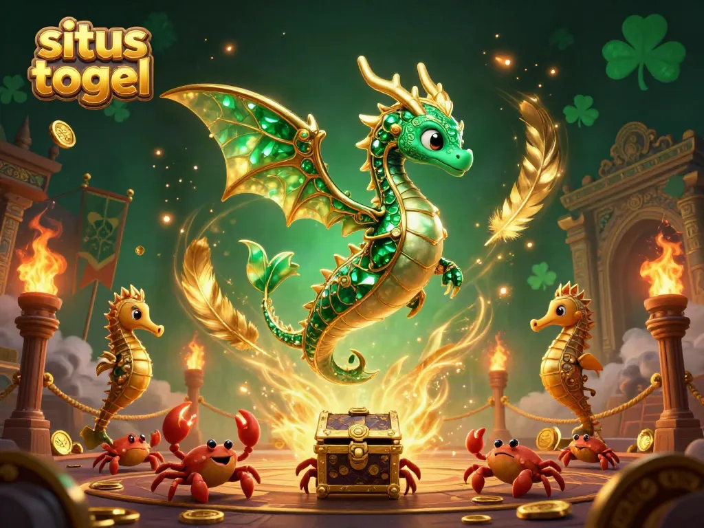 Situs togel scene with an emerald sea dragon, royal seahorses, and treasure chest illustrating online gambling excitement.