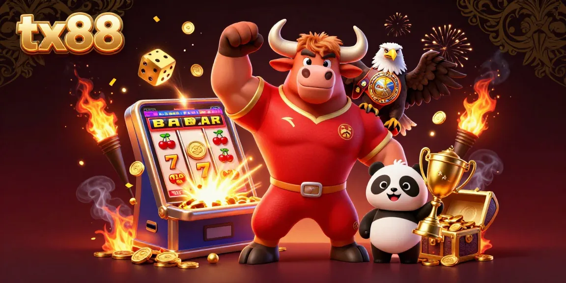 tx88 casino scene with a muscular bull, eagle, and panda celebrating a jackpot win surrounded by vibrant game elements.