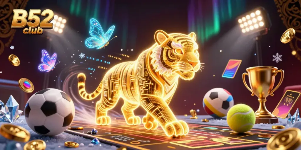 Engaging scene depicting the B52 club with dynamic sports elements and a neon tiger in a digital casino.