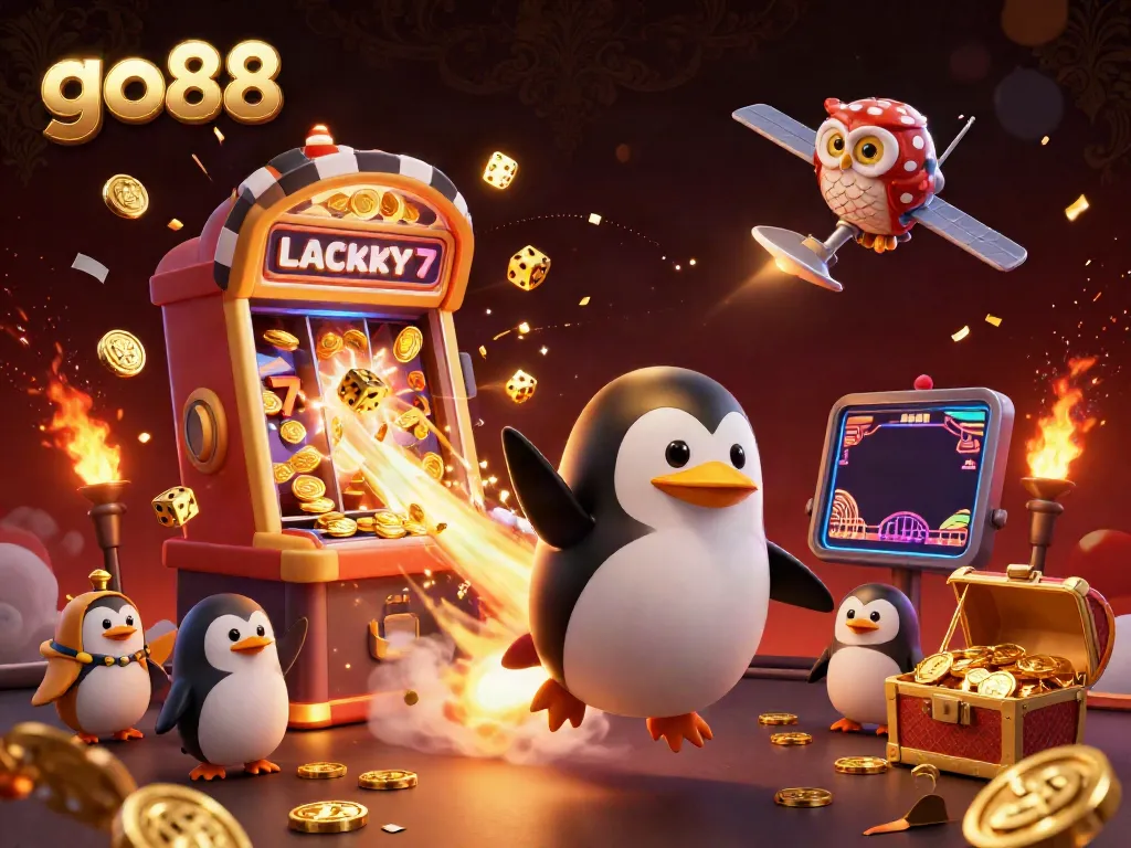 Experience thrilling adventures with go88, featuring a golden penguin within a casino-themed cosmic landscape.