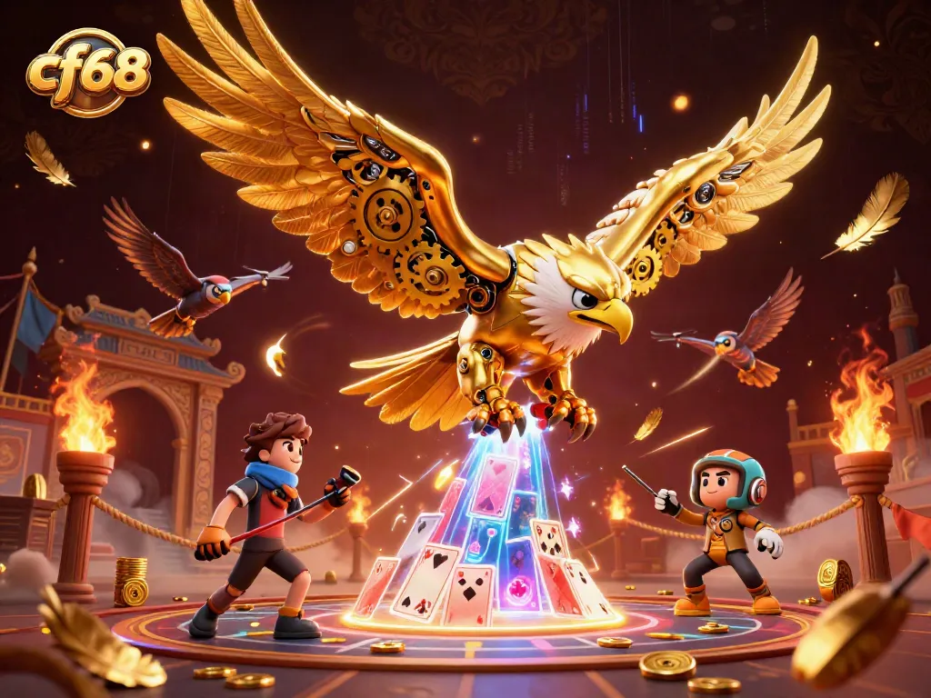 Engage with exciting casino thrills featuring cf68's cybernetic eagle amidst glowing holographic cards.