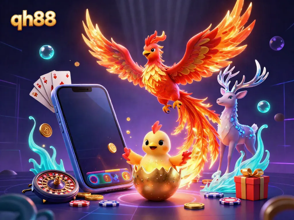 Experience thrilling gameplay at qh88 with a vibrant phoenix scene and engaging slot elements.