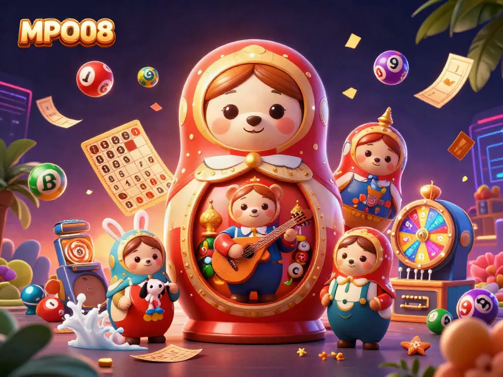 Experience excitement with MPO08 as vibrant lottery elements surround playful casino-themed characters.