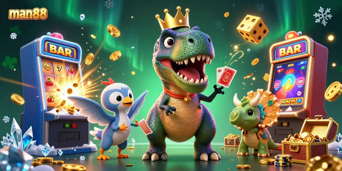 Engage with man88's exciting casino scene featuring a T-Rex, assistants, and dynamic game elements.