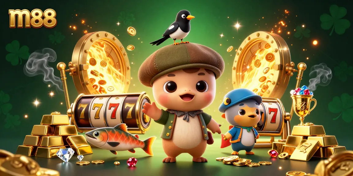 Spin the m88 slots with a cute Loch Ness monster surrounded by gold and jewels, in a dynamic casino scene.