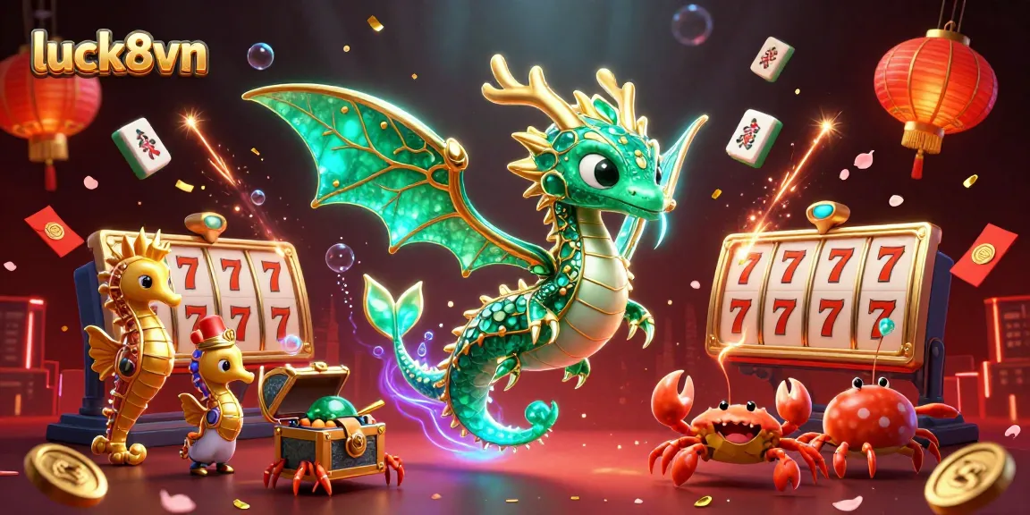 Engage in luck8vn's thrilling world with a vibrant underwater casino scene showcasing fantasy elements and slots.