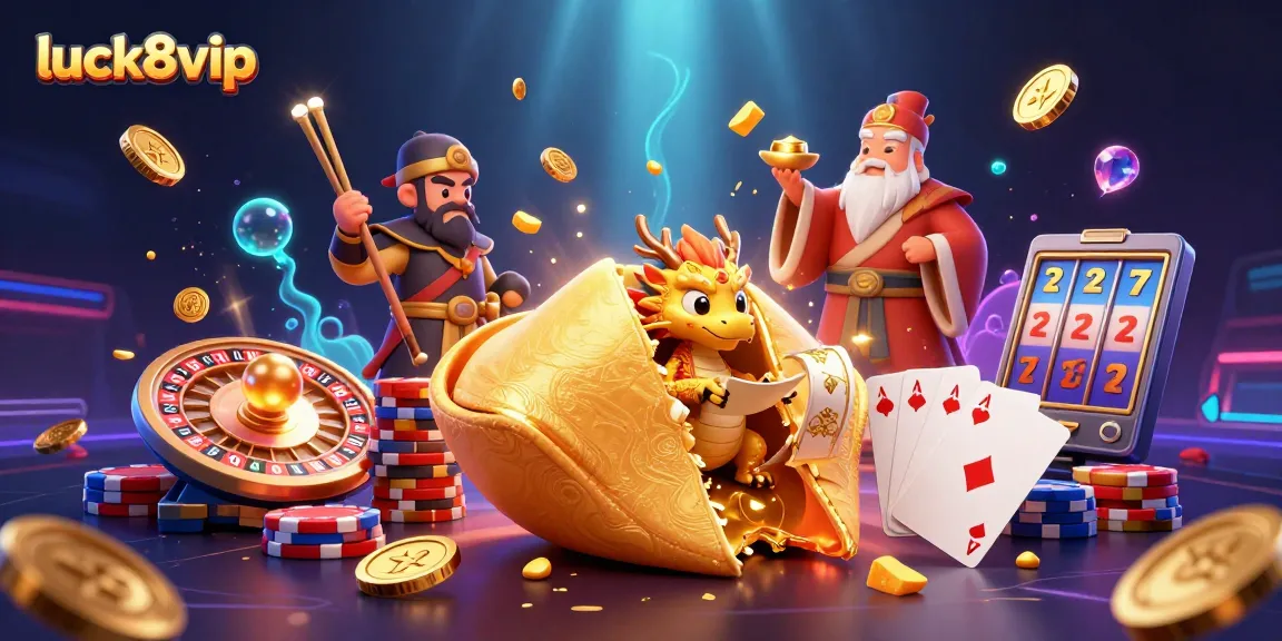 Engage with luck8vip's vibrant casino adventures featuring a golden cookie and a wise dragon.