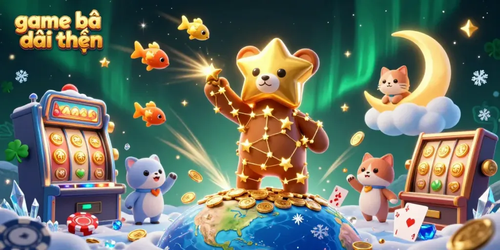 Experience the thrill of game bài đổi thưởng with vibrant casino elements, characters, and dynamic gold coins.