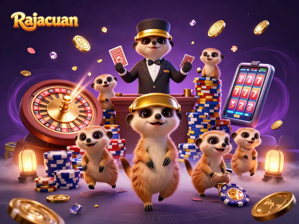 Rajacuan casino illustration of meerkats managing games, showcasing vibrant slots and roulette.