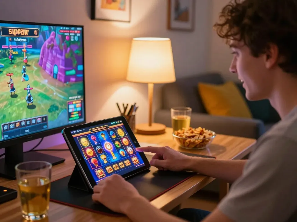Engaging moment of spinning Pragmaticplay slots on a tablet at home with cozy decor