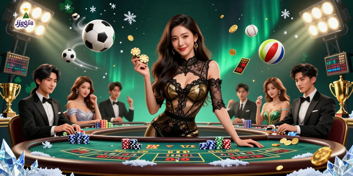 Experience high-stakes action with jjgg88 at an exclusive baccarat table, surrounded by vibrant sports elements.