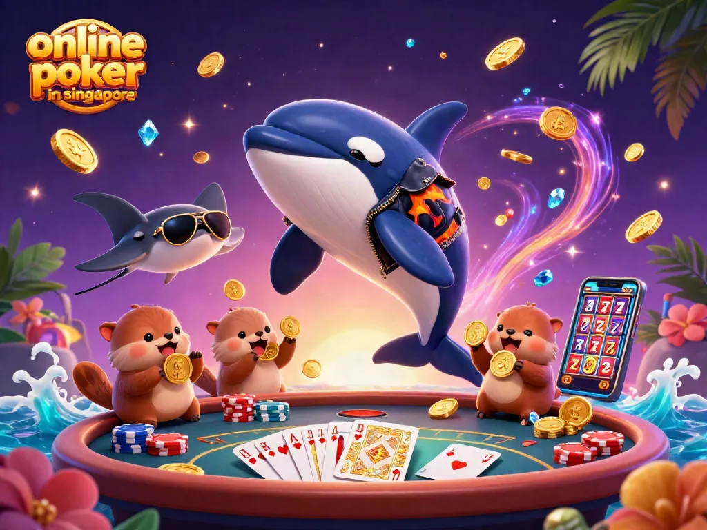 Engage with online poker in Singapore featuring cartoon orca and sea otters in a vibrant casino scene.