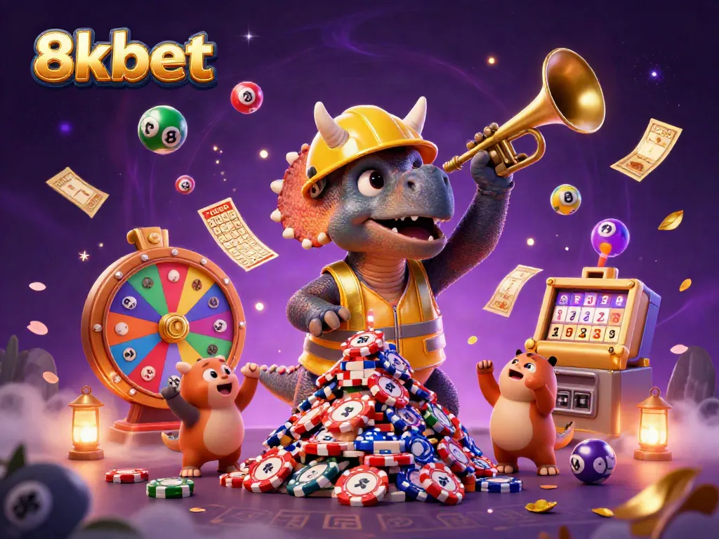 Engage with 8xbet in a vibrant 3D casino illustration featuring a triceratops building poker chip pyramids.