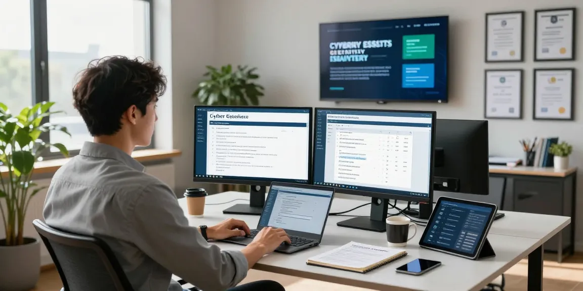 IT manager focused on cyber essentials questionnaire in a modern workspace.