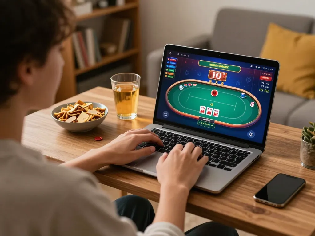 Player engaged in an exciting poker game online at gg88live, showcasing comfortable home gambling.