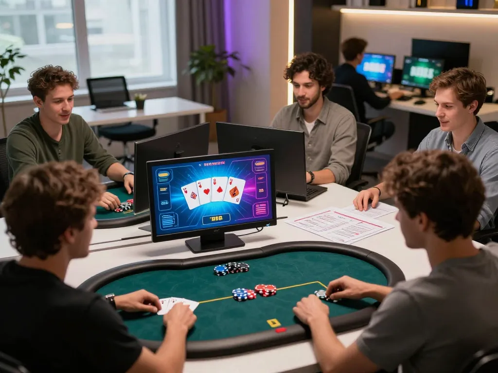 Các người chơi LUCK8 chiến lược trong một phiên poker trực tuyến hấp dẫn ở một văn phòng làm việc hiện đại