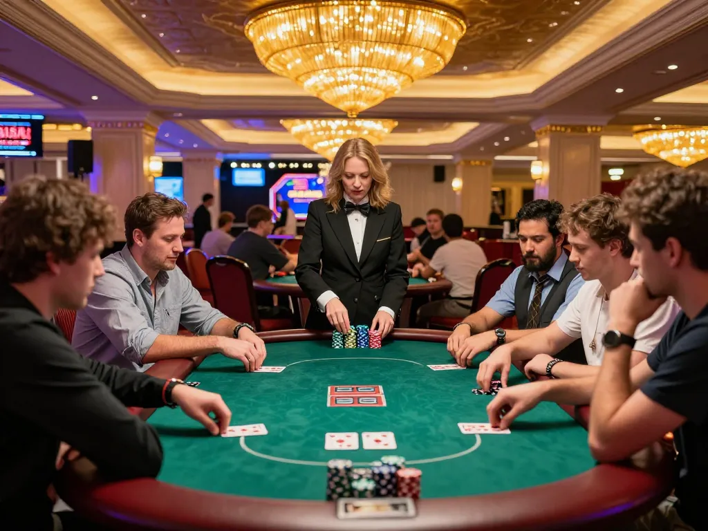 Sunwin players strategizing at a high-stakes poker table in a vibrant Las Vegas casino
