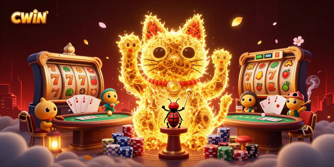 CWIN offers dynamic slot experiences with lucky symbols and vibrant visuals in an exciting casino scene.