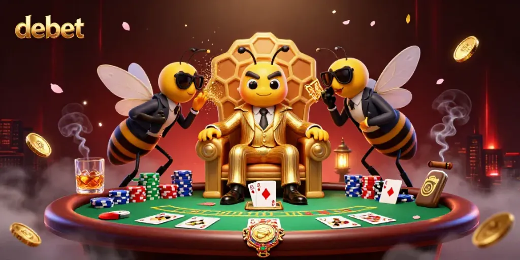 Engage in action at Debet, with a cartoon mob boss leading the poker table's excitement in a lively casino scene.