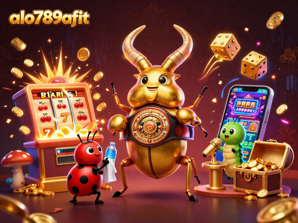 Alo789afit showcases a thrilling casino scene with a giant beetle champion and interactive gaming elements.