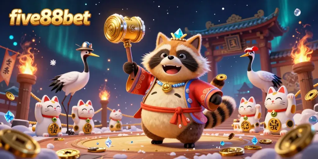 Experience vibrant gaming action at five88bet with lucky tanuki, festive crane, and waving maneki-neko.